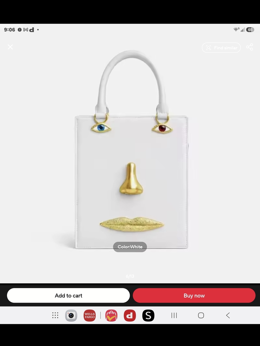 Schiaparelli Inspired White Novelty Face Tote Bag with Gold Accents